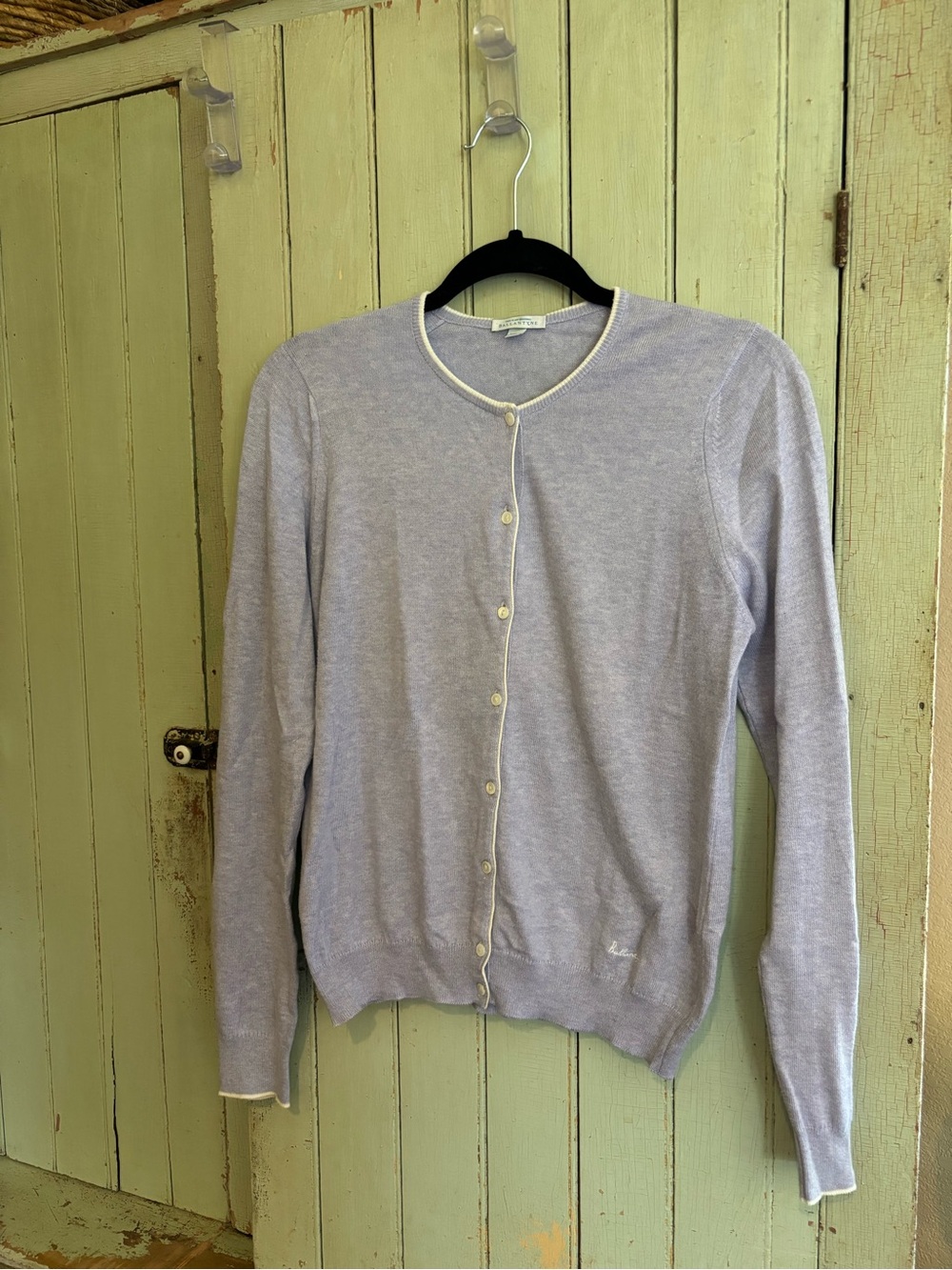 Ballantyne Lavender Crewneck Button Cardigan with Contrast Trim